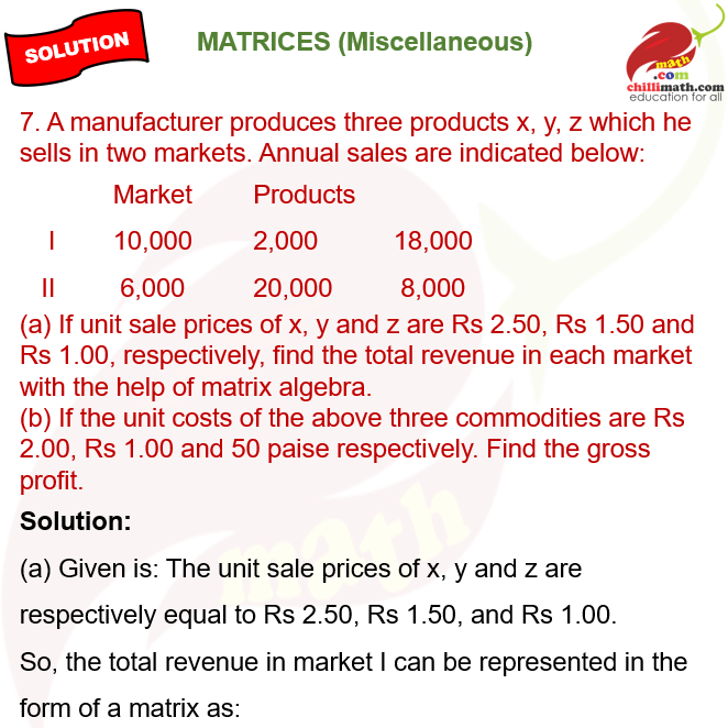 A manufacturer produces three products x, y, z which he sells in two markets. Annual sales are indicated below:
