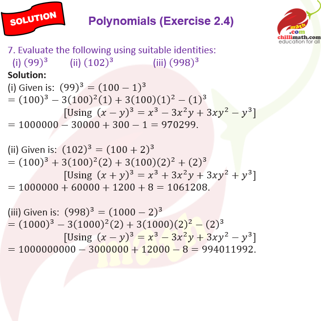 cbse class 9 Ncert solutions chapter 2 Polynomials exercise 2.4 question 7