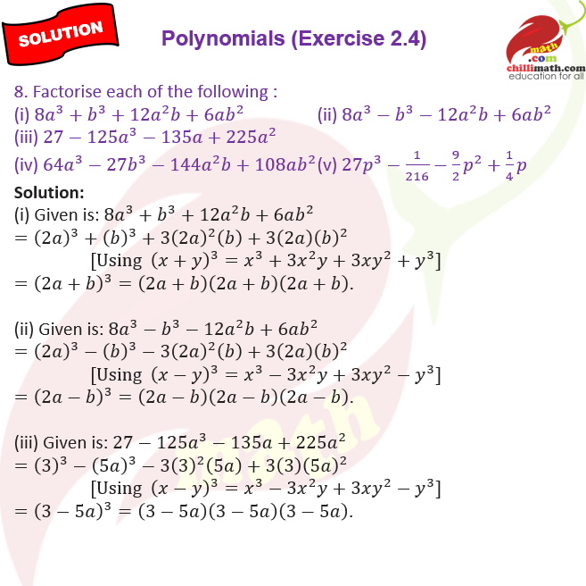 cbse class 9 Ncert solutions chapter 2 Polynomials exercise 2.4 question 8