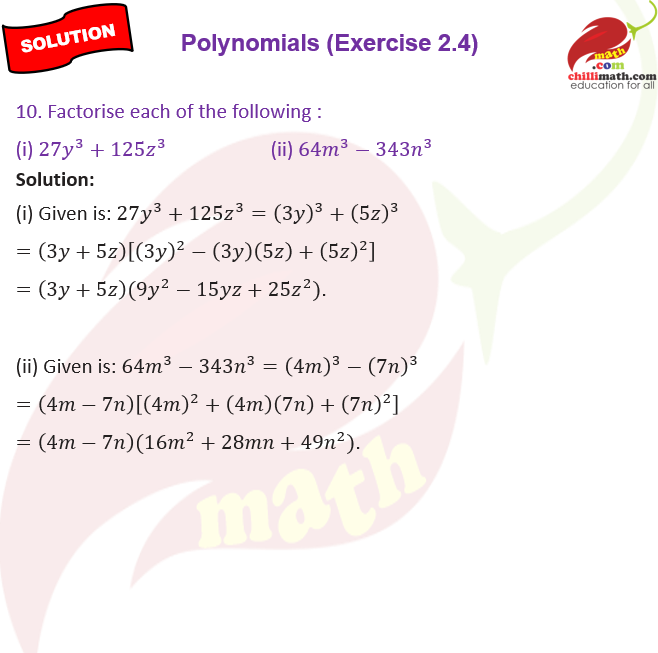 cbse class 9 Ncert solutions chapter 2 Polynomials exercise 2.4 question 10