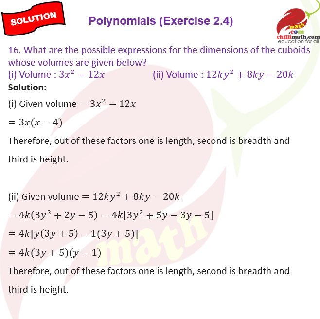 cbse class 9 Ncert solutions chapter 2 Polynomials exercise 2.4 question 16