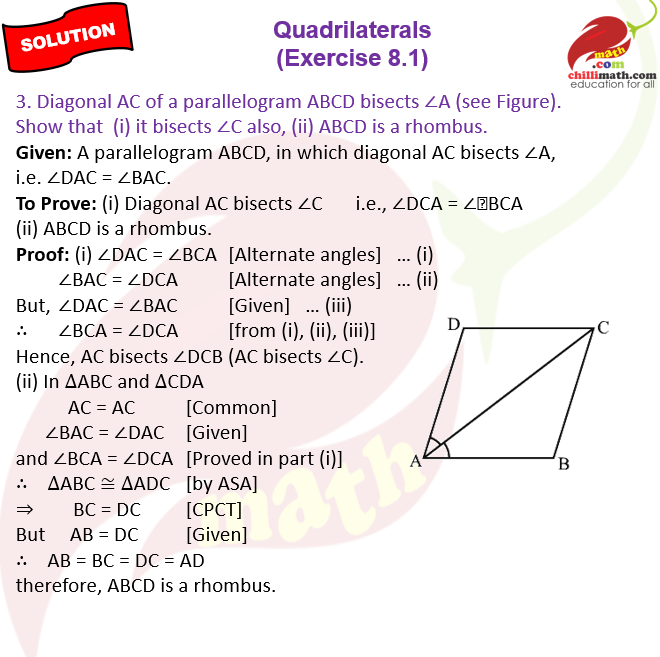 Ncert Solutions Class 9 Chapter 8 Quadrilaterals Exercise 8.1 Question 3