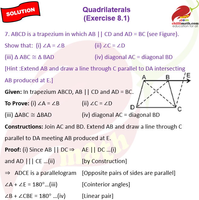 Ncert Solutions Class 9 Chapter 8 Quadrilaterals Exercise 8.1 Question 7